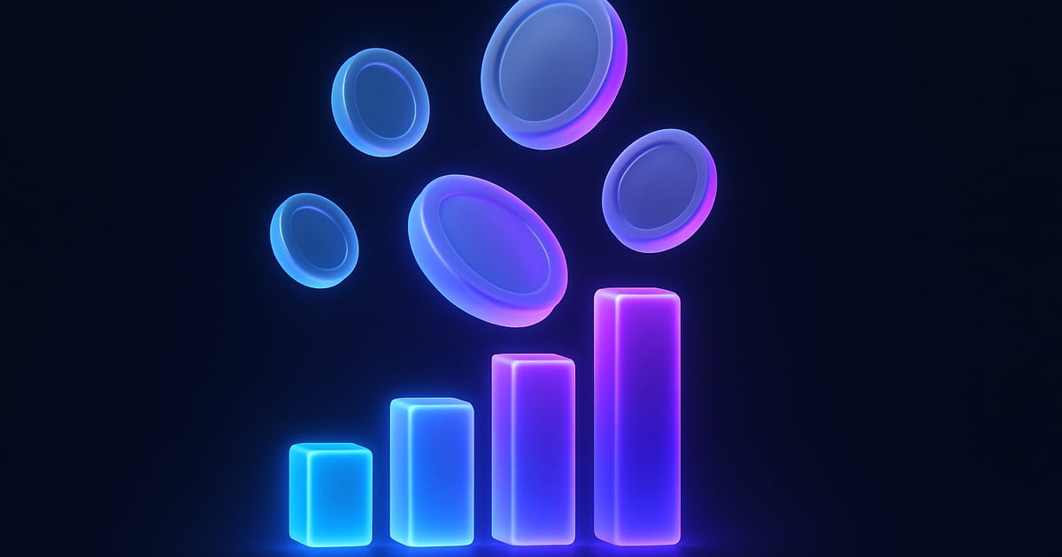 Ilustración abstracta generada con IA: monedas de vidrio flotando sobre barras de luz, en azul y violeta sobre fondo oscuro.